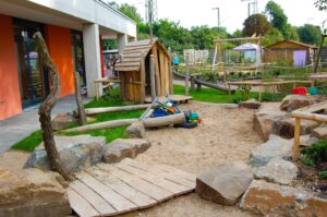 Naturnah gestalteter Sandspielbereich mit einer Spielhütte, Sandbereich und Spielgeräten in einer naturnahen Umgebung, flankiert von einem modernen Gebäude.